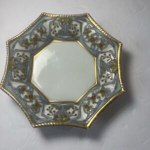 Antique Nippon‎ Hand Painted Moriage Porcelain Plate Hexagon Gold Trim Floral